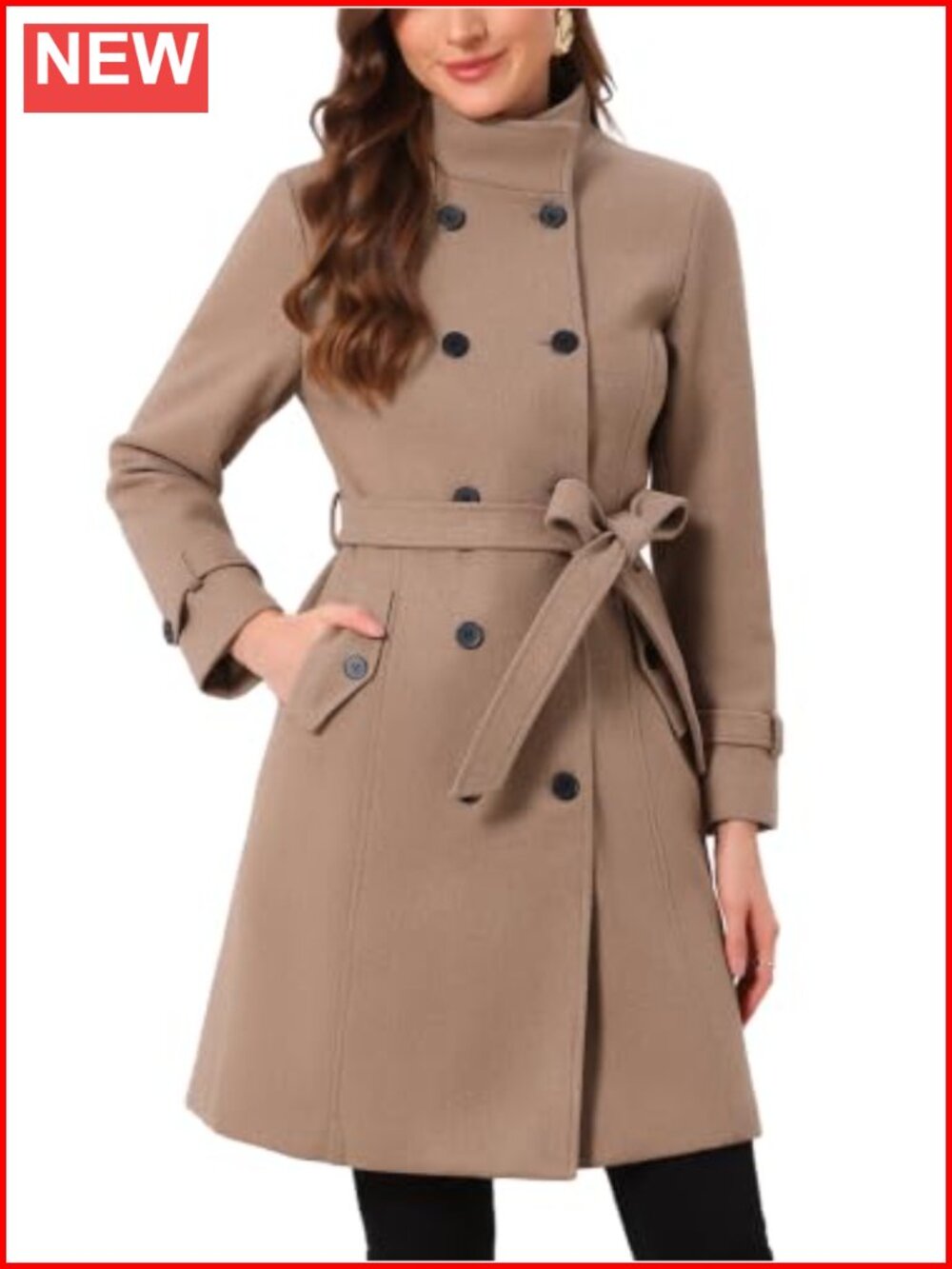 Women's Double Breasted Pea Coat Winter Overcoat With Belt Fully Lined Long